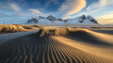 Windswept sand dunes in the foreground with icy mountains touching the horizonの素材