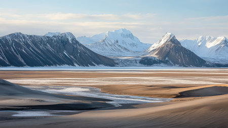 Windswept sand dunes in the foreground with icy mountains touching the horizonの素材
