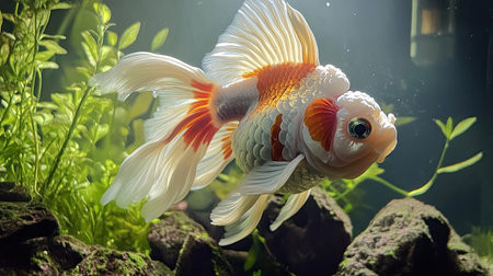 A stunning goldfish glides gracefully through a vibrant aquarium, surrounded by lush greenery. This serene aquatic scene captures the beauty of underwater life.の素材
