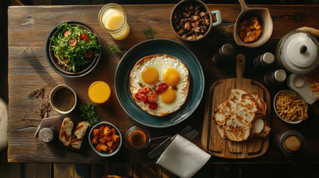Top-down view of a traditional English breakfast with perfectly arranged componentsの素材