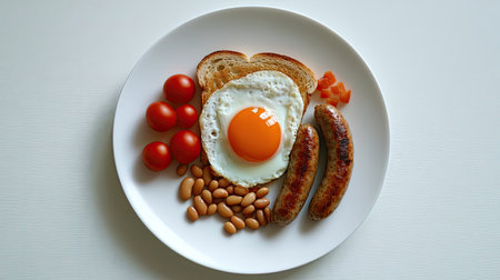 Traditional English breakfast featuring fried egg, sausages, baked beans, tomatoes, and toast on a white plateの素材