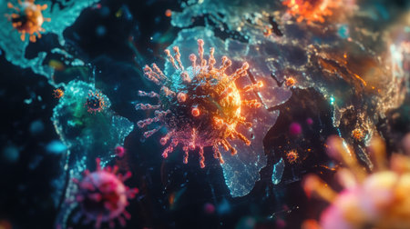 Virus icons spreading over a world map, emphasizing health challengesの素材