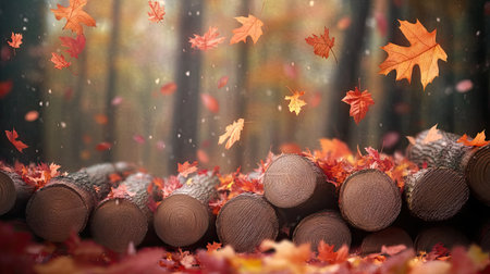 Autumn woodland scene with neatly arranged logs and colorful falling leavesの素材