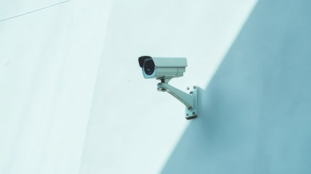 Wall-mounted CCTV camera angled for surveillance, white backgroundの素材