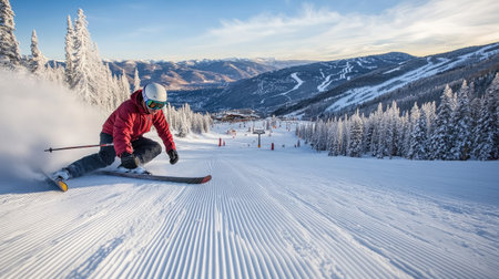 A skier gliding through fresh snow at a mountain ski resort, with dazzling winter landscapes in the backgroundの素材