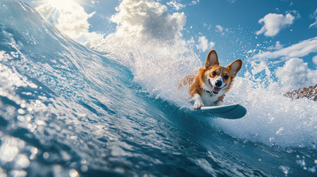Adventurous corgi surfing at high speed, cutting through ocean waves under a sunny skyの素材