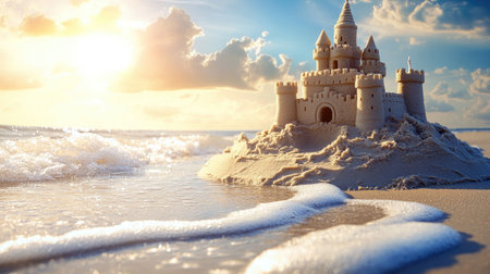 A stunning sandcastle on a sunlit beach with waves gently approaching; a dreamy summer vacation setting. Copy spaceの素材