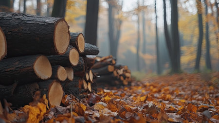 Autumn forest landscape with vivid foliage and rustic stacked wood in focusの素材