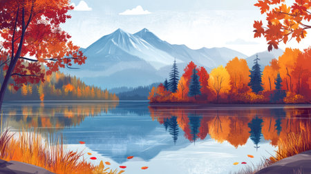 A tranquil autumn mountain lake surrounded by trees in vivid seasonal huesの素材