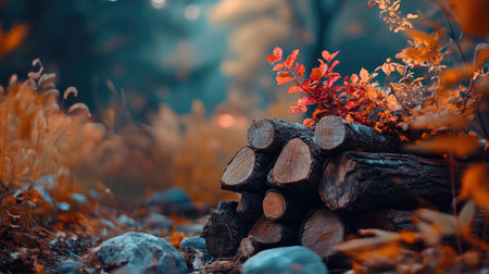 Autumn forest landscape with vivid foliage and rustic stacked wood in focusの素材
