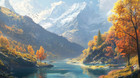 Autumn mountain valley with colorful trees and a crystal-clear river running throughの素材