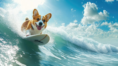 Adventurous corgi surfing at high speed, cutting through ocean waves under a sunny skyの素材