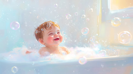 Baby in a bubble bath, giggling and splashing in a serene bathroom with pastel tonesの素材