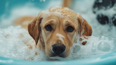 Bath time for an adorable Labrador, with bubbles and foam creating a cheerful grooming vibe. Copy space for pet themesの素材