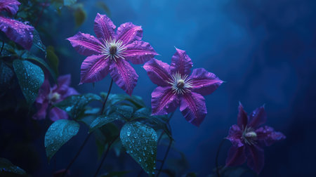 Close-up of purple clematis petals with water droplets against an artistic blue sceneの素材