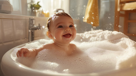 Cheerful baby taking a bubble bath in a modern bathroom, surrounded by fluffy towelsの素材