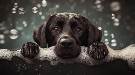Cute Labrador in a bath surrounded by bubbles, paws resting on the tub rim; perfect for grooming advertisementsの素材