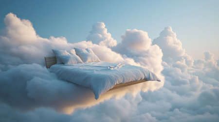Cozy bed with fresh linens, suspended in a calm sky filled with soft, fluffy cloudsの素材