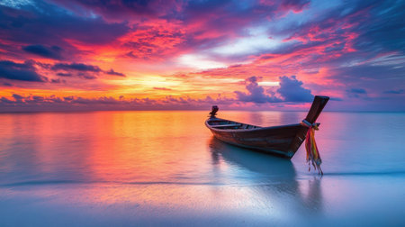 Dramatic beach sunset moment with a lone boat on the horizon and a vivid skyの素材