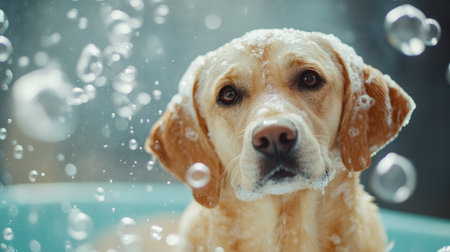 Bath time for an adorable Labrador, with bubbles and foam creating a cheerful grooming vibe. Copy space for pet themesの素材