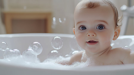 Bath time fun: adorable baby playing with bubbles in a clean and bright bathtubの素材