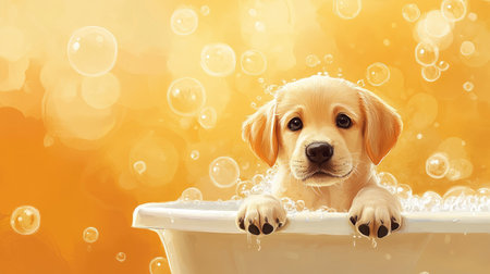 Cute Labrador in a bubble-filled tub with paws on the edge; perfect for pet grooming banners. Copy space for textの素材