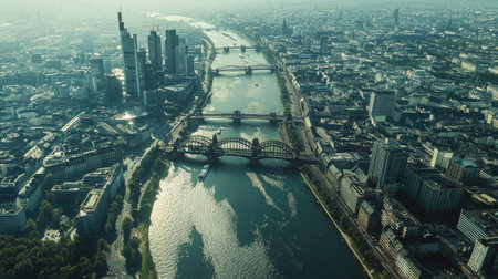 Dynamic aerial view of Frankfurt financial district and river with bridges connecting both banksの素材