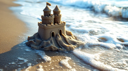Beautifully crafted sandcastle on a sandy shore as waves start washing it away; a symbol of summer dreams. Copy spaceの素材