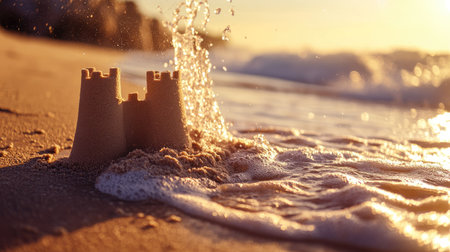 Close-up of a sandcastle being washed away by waves, with soft summer light on a sandy beach. Holidays dream conceptの素材