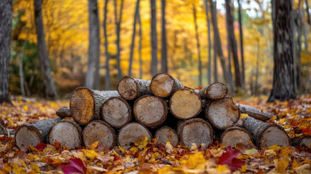 Forest floor in autumn with a pile of logs surrounded by golden and red leavesの素材