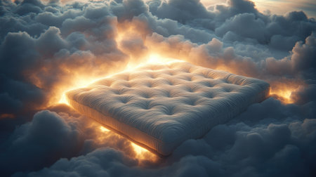 Bed of dreams: a soft mattress surrounded by luminous clouds and radiant lightの素材