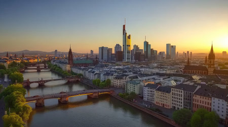 Frankfurt cityscape showcasing modern and historic architecture at golden hour with clear skiesの素材