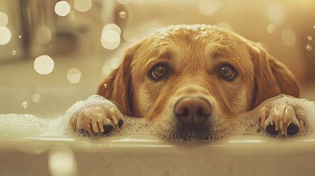 Cute Labrador in a bubble bath with paws resting on the rim of the tub; playful grooming theme with warm tones. Copy spaceの素材