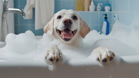 Labrador happily taking a bubble bath with paws on the tub rim, surrounded by soap suds and clean tones. Copy spaceの素材
