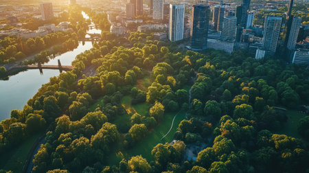 Frankfurt city view from above, highlighting urban structures surrounded by lush greeneryの素材