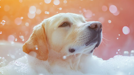Labrador enjoying a fun bubble bath, playful soap suds adding to the grooming theme. Copy space for pet care conceptsの素材