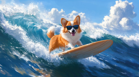 Energetic corgi balancing on a surfboard, riding the ocean wave with sunglasses onの素材