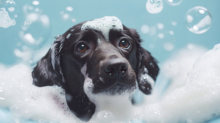 Labrador enjoying a fun bubble bath, playful soap suds adding to the grooming theme. Copy space for pet care conceptsの素材