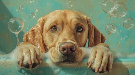 Cute Labrador in a bath surrounded by bubbles, paws resting on the tub rim; perfect for grooming advertisementsの素材