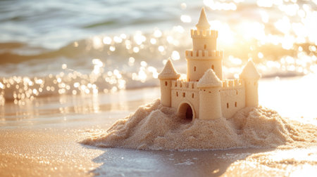 Majestic sandcastle on golden sand by the sea, with gentle waves lapping and bright sunlight. Perfect summer holiday vibeの素材