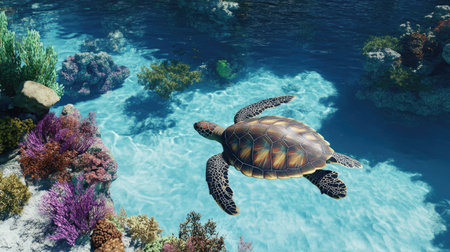 Peaceful turtle swimming in pristine blue water over a thriving coral ecosystemの素材