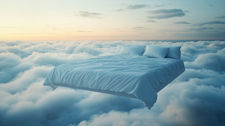 Dreamy bed setup with white sheets, floating above a sea of soft clouds in the skyの素材