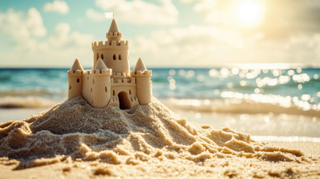 Majestic sandcastle on golden sand by the sea, with gentle waves lapping and bright sunlight. Perfect summer holiday vibeの素材