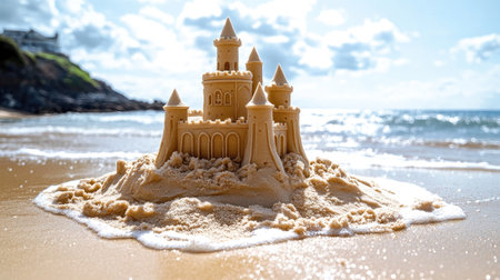 Scenic sandcastle on the beach, surrounded by golden sand and shimmering waves, evoking summer vacation vibesの素材