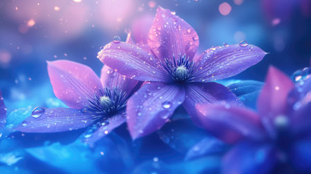 Soft-focus purple clematis with glistening water drops and a vibrant blue floral settingの素材