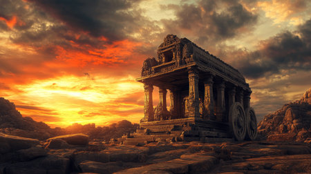 A breathtaking sunset view of the stone chariot in Hampi, with vibrant skies and historical grandeur in perfect harmonyの素材