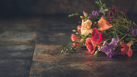 A delicate bridal bouquet placed on a rustic floor, showcasing vibrant flowers and natural tones, with copy spaceの素材