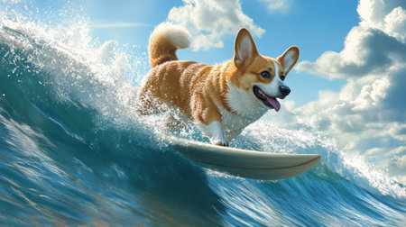 Surfing corgi riding a wave with speed and style on a sunny day, ocean glisteningの素材