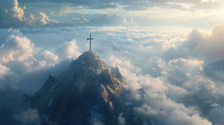 A serene view of a cross atop a rocky mountain, surrounded by clouds and sun rays, with ample copy space for designの素材