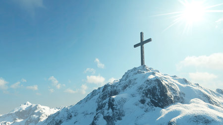 A majestic cross standing tall on a mountain peak under a clear blue sky, with room for inspirational text or messagesの素材